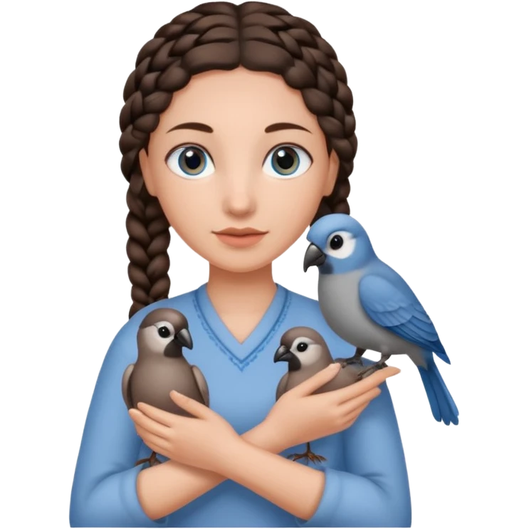 женщина с темно-коричневой косичкой и серо-голубыми глазами и светлой кожей держит на руке трех птиц коричневого и серого цвета emoji