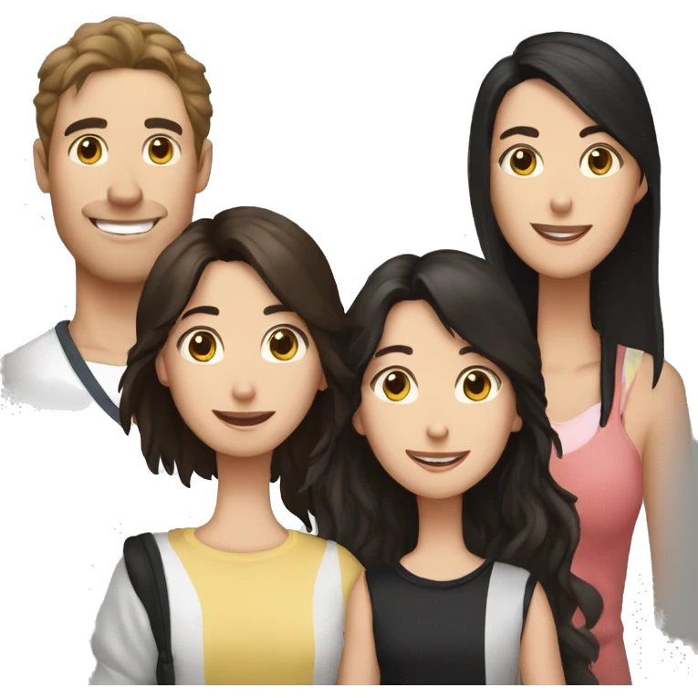 family group consisting of one brunette long hair woman, one brunette short hair man and one black-white border collie emoji