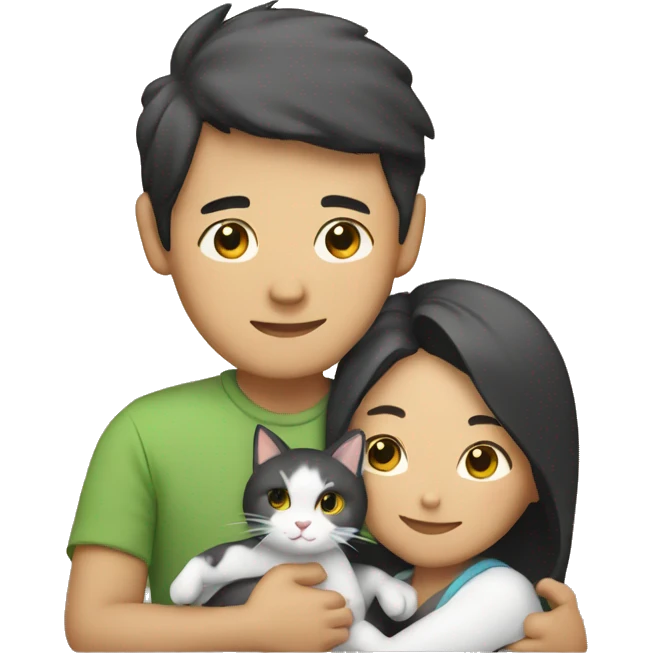 asian couple hugging with a cat emoji