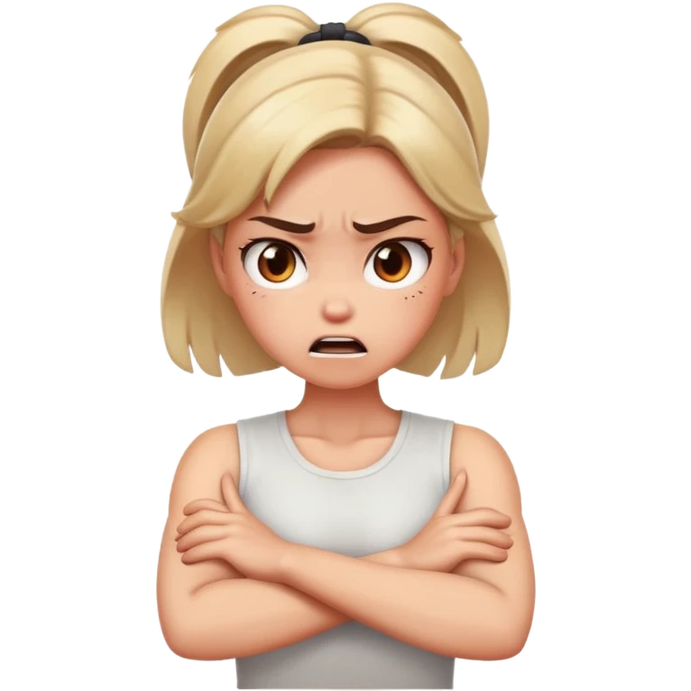 girl with arms crossed holding her neck with an angry face emoji