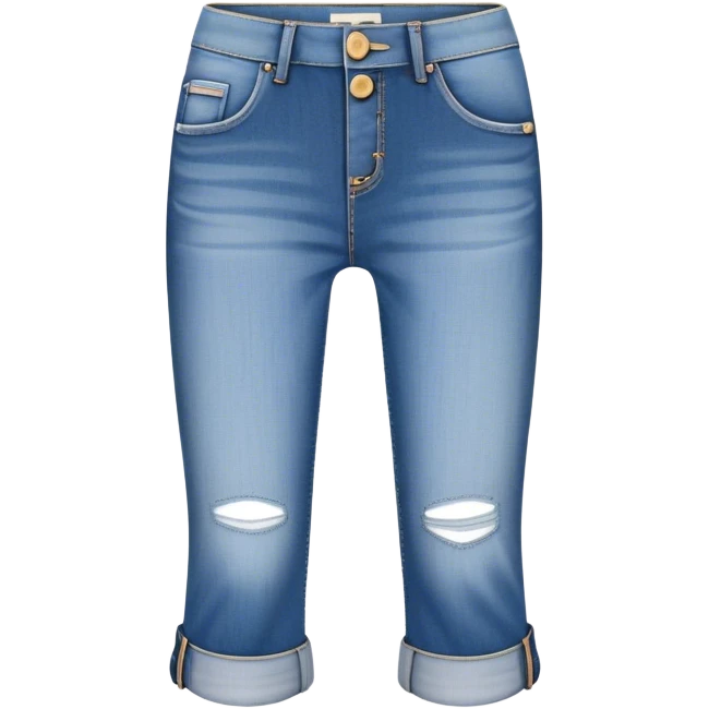 A medium-length blue denim jeans emoji, styled like rolled-up capri jeans. The jeans are not too long or short — ending just below the knee. They feature a button and zipper closure, visible stitching, side and back pockets, and a slightly faded, casual look. Perfect for a trendy, relaxed vibe emoji