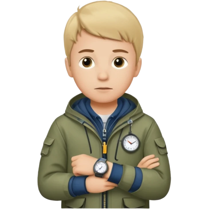 Boy in fishing suit looking at his wristwatch emoji