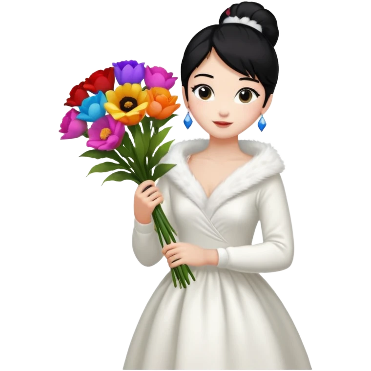 Chica blanca,cuerpo entero, vestido fiesta blanco ,manga larga ,con estola, pelo negro,    ramo de flores una mano, pelo recogido en moño alto emoji