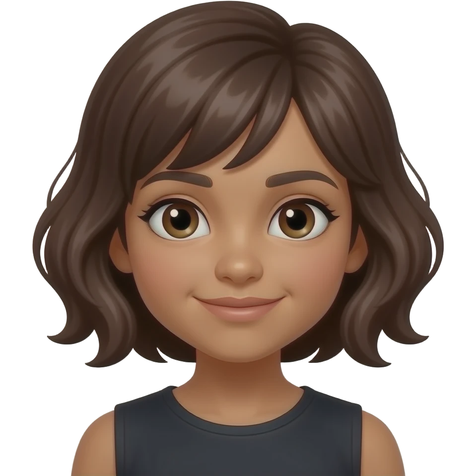 Una niña piel trigueña cara algo redonda cabello ondulado corto color entre color café y negro ojos cafés y cabello en capas y mediano emoji