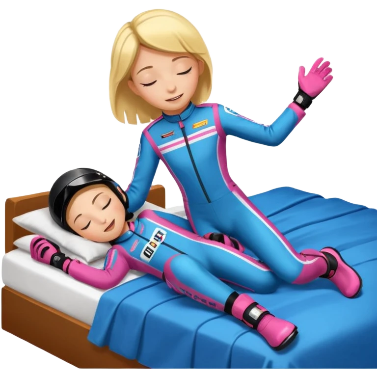 ten-year-old girl in a racing suit, racing shoes and racing gloves with no helmet, unzipped, sleeping on a bed happily, flat-chested and prepubescent emoji