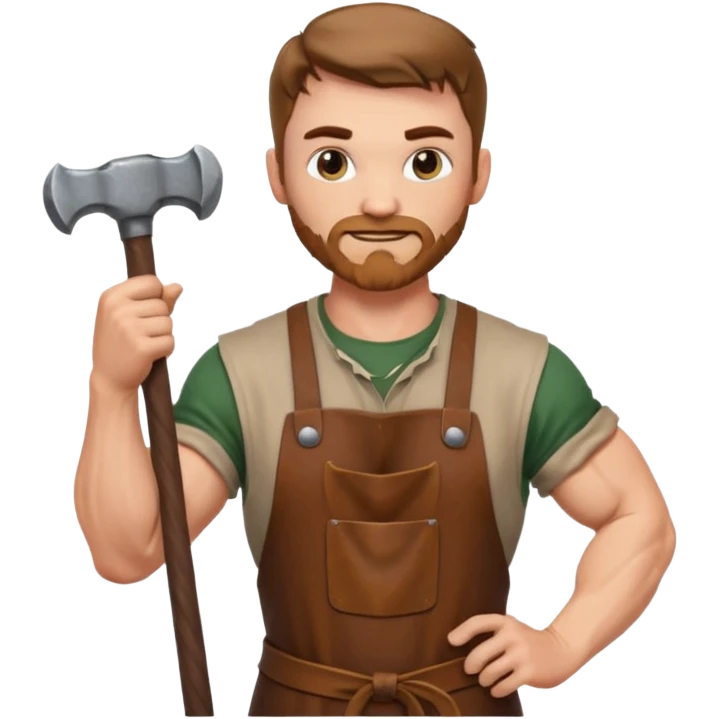 Emoji portrait of a Celtic blacksmith. Work clothes, muscular arms, holding a hammer and wearing a leather apron. emoji