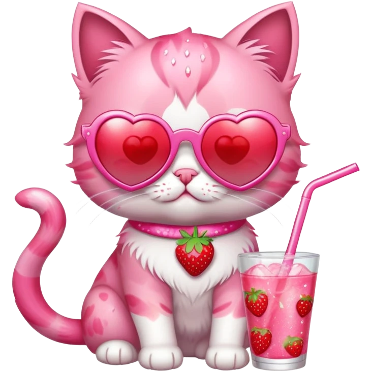 A bubblegum pink kitten with heart-shaped sunglasses, sipping a strawberry soda, surrounded by sparkles and summer vibes. emoji