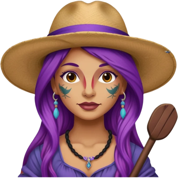 tattoed face venice gondolier with iconic hat woman purple long hair emoji