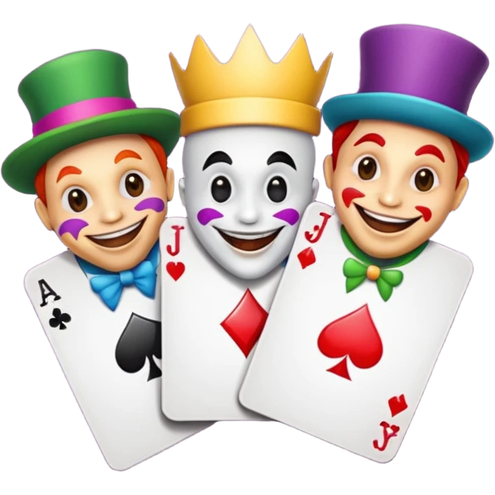 3 poker cards, with crazy colorful human jolly jokers inside emoji