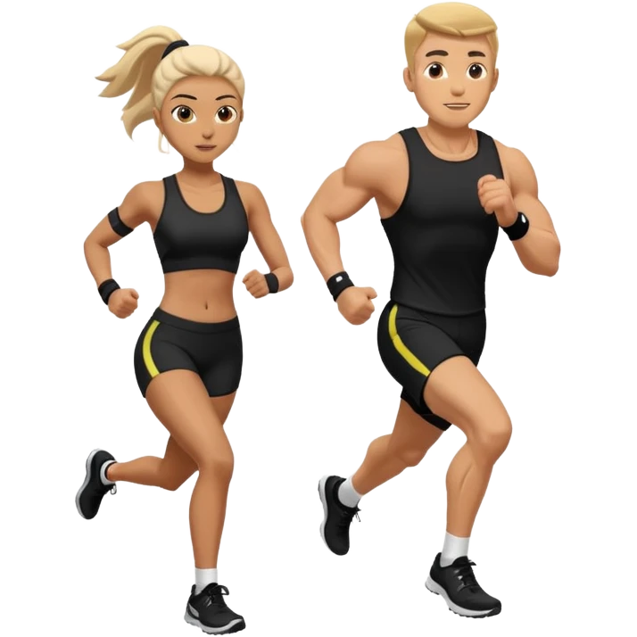 A muscled man and woman running a HYROX race in black fitness gear emoji