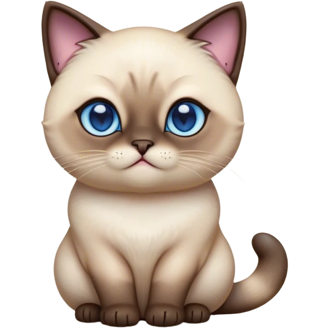 Cinematic Cute Chubby Siamese Cat Portrait Emoji, Round and plump body, soft cream-colored fur with rich dark points on the ears, face, paws, and tail, big, sparkling sapphire-blue eyes, Simplified yet irresistibly adorable features, highly detailed, glowing with a warm, cozy glow, high shine, curious yet calm, stylized with a touch of whimsy, bright and endearing, soft glowing outline, capturing the essence of a mischievous yet lazy and loveable kitty, so cuddly it feels like it could waddle right out of the screen for a snuggle! emoji