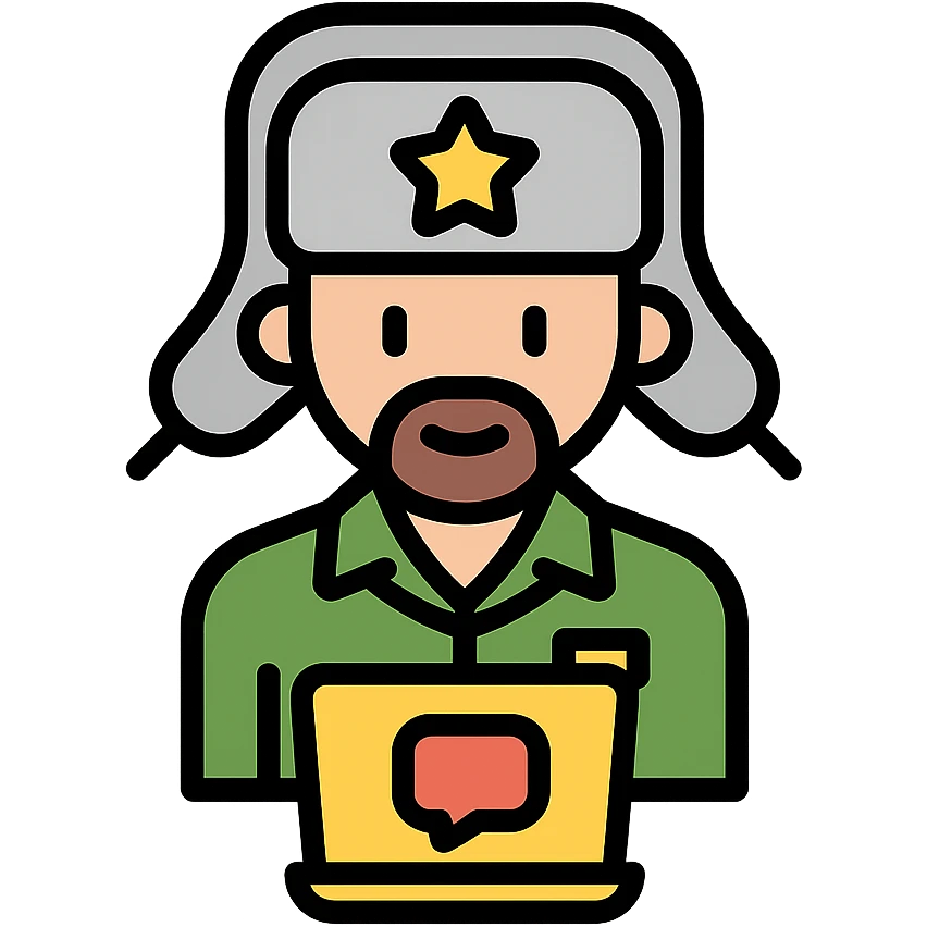 military blogger from Russian army wearing an ushanka hat emoji