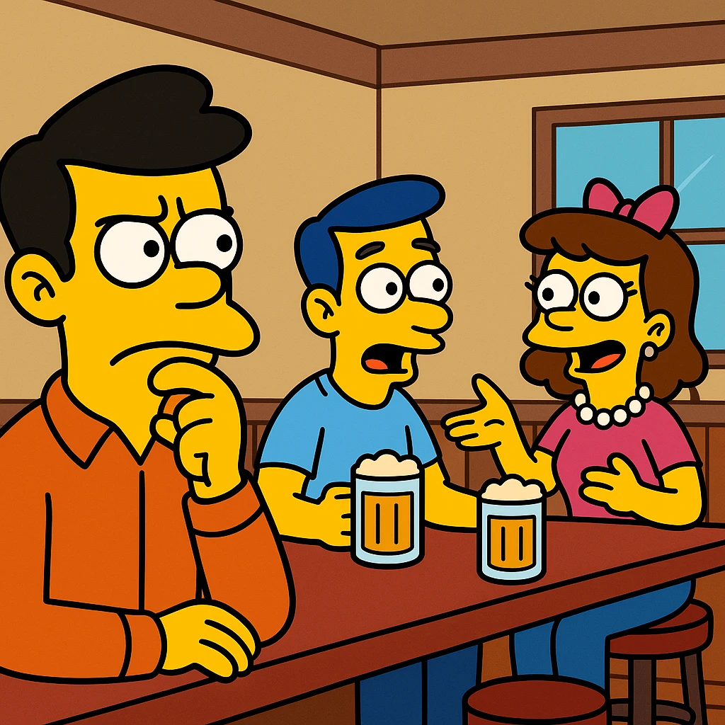 His voice sounded familiar, but I couldn’t remember where I knew him from. 2 person sitting ina bar, talking about a strange guy, sitting in a corner. A puzzled man thinking emoji