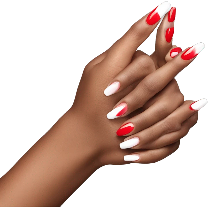 Long red and white acrylic nails on medium skin ton emoji