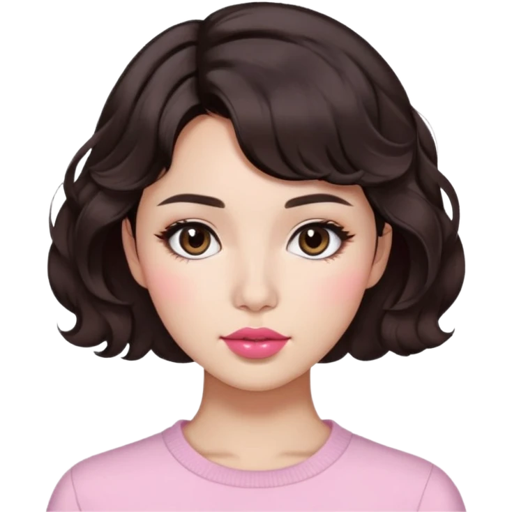 woman, aesthetic Pinterest look, short wavy dark brown hair, morena skin, round nose, slightly dark pink lips, Korean haircut emoji
