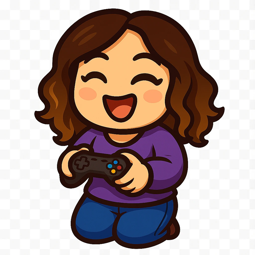 Sticker style chibi emote, matching the attached green heart emote as a base, but with a slightly skinnier body and a bigger chest. Woman from reference, purple sweater and blue jeans, holding a game controller in a gaming pose, cute excited face, no headband, no wand, transparent background. Top color should not match jeans. emoji