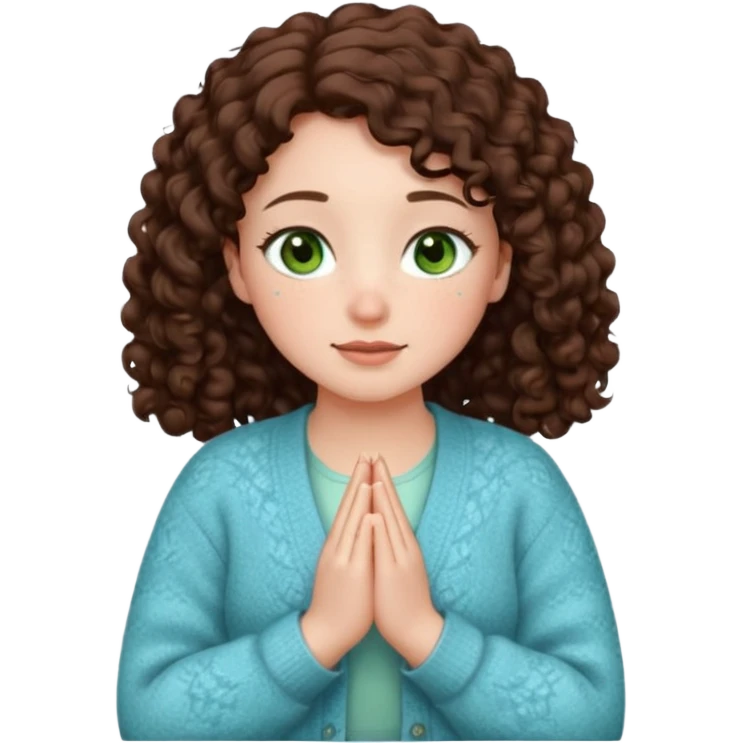 young girl in cozy cardigan milky blue tones, green eyes, freckles, plump lips, dark brown curly hair below shoulders, hands folded in prayer or gratitude, looking forward, slightly smiling, emoji style emoji