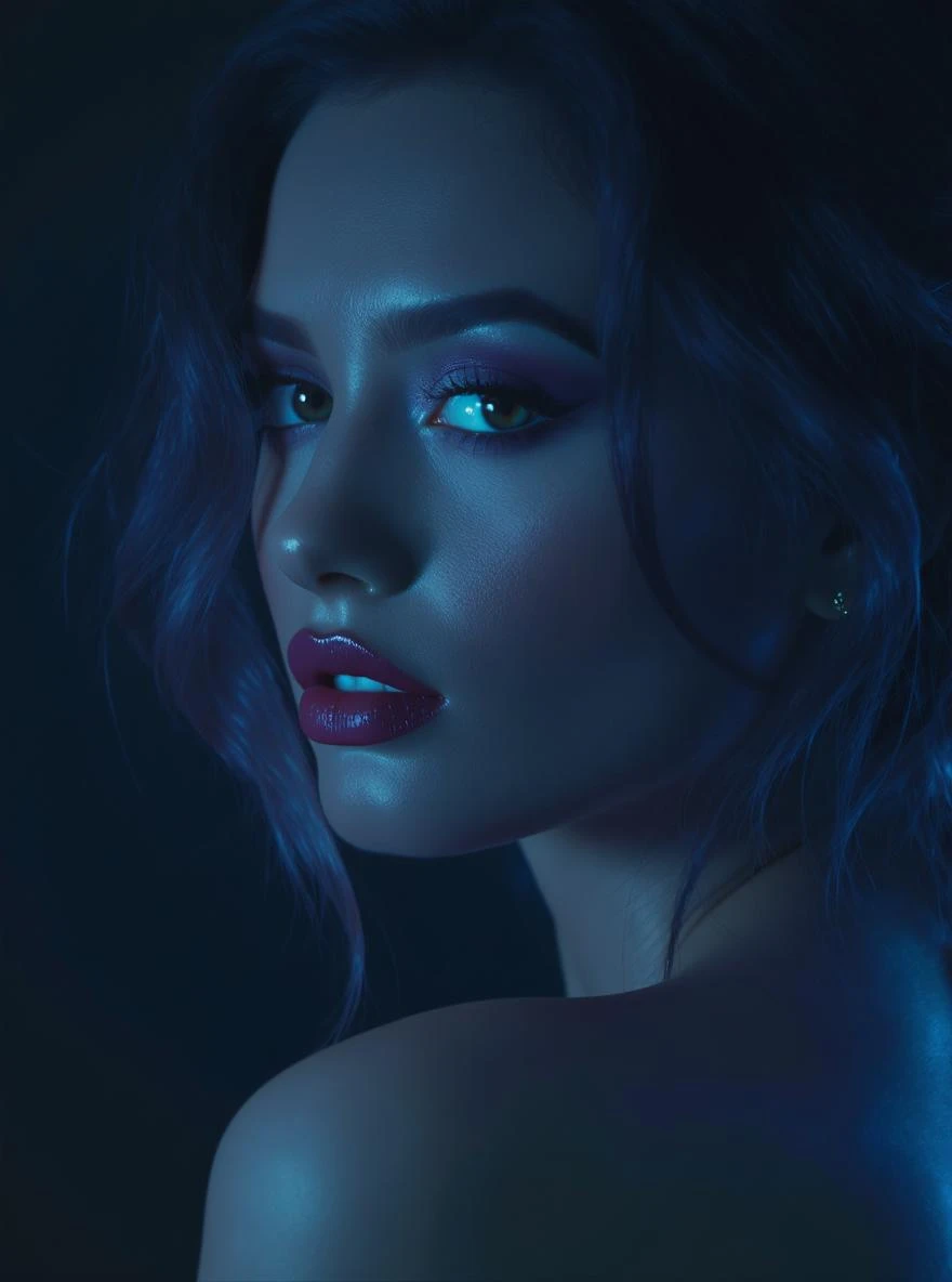 Extreme Closeup photo of a beautifull woman, cinematic light, Blue light ambient light, back light, 8K, very detailed, sharp emoji