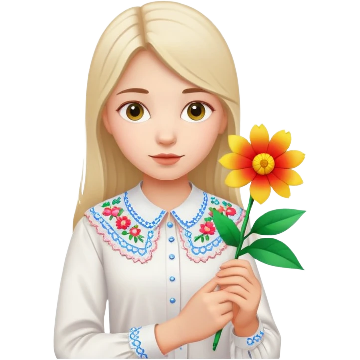 Ukrainian young girl in white embroidered shirt holding colored paper and a flower emoji