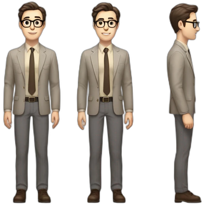 Full height Pale skinned Fit Man With dark brown hair in gray jacket, beige office shirt, tie, Brown pants and vintage glasses. Thrumbs of his palms directed up emoji