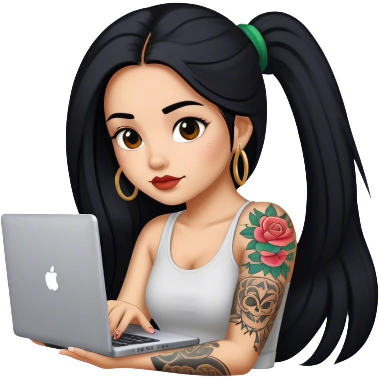 beautiful girl, with arm tattoos, with long straight black hair, wavy hair, mexican, with laptop emoji