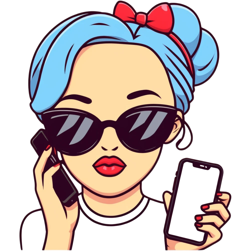 Girl with huge lips, sunglasses, bow on her hair, holding a phone with attitude emoji