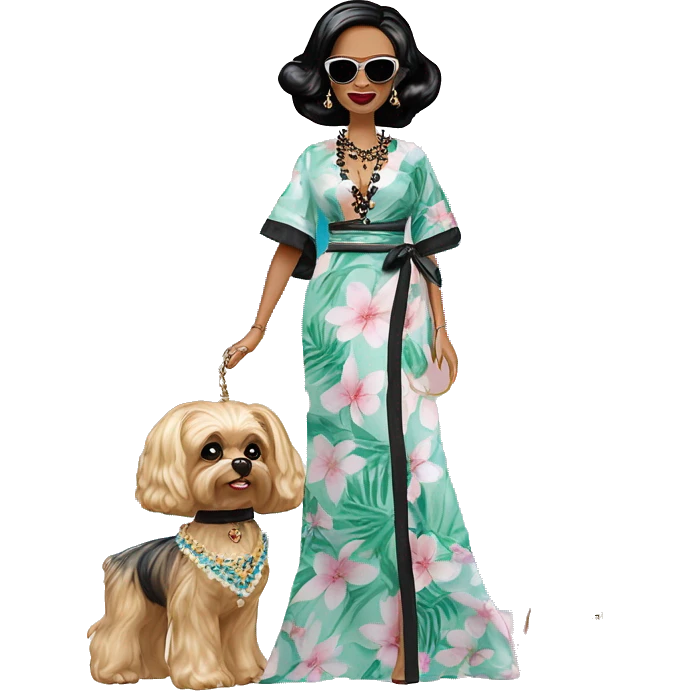 Palm Beach Breeze Barbie Wednesday Addams ,by the pool, white skin, full body visible, wavy hair,handbag, earrings,flowing floral caftan,small 2 piece, sunglasses on top,heels,holding yorkie Miss Thang emoji