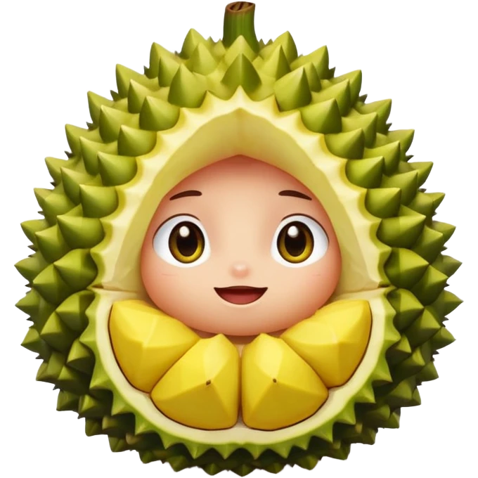 adorable durian, round, green shell, yellow inside, sparkly eyes, blushing, shy pose emoji