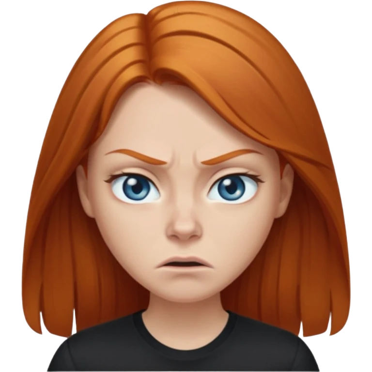 Ginger head woman with long hair and lightblue eyes, straight nose, almond eyes, black shirt. She is angry  emoji