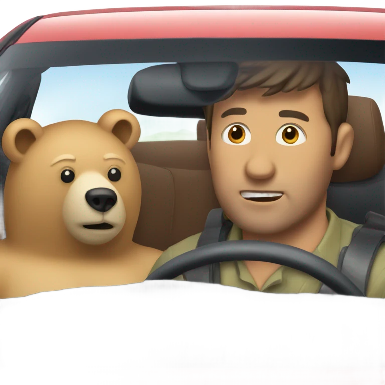 A bear looking at a man in a car emoji