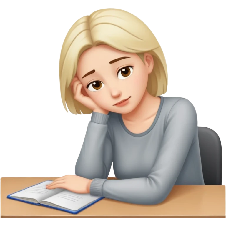 Tired woman with slight smile leaning head on one hand, elbow on desk emoji