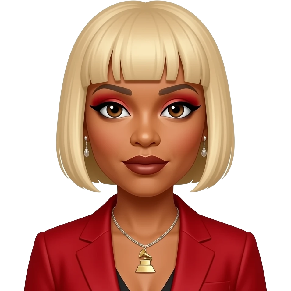 Tionne T-Boz Watkins from TLC with brown eyes, blonde micro-fringed bob hair, red eyeshadow, dark brown lipstick, red grammy suit jacket, necklace and earrings emoji
