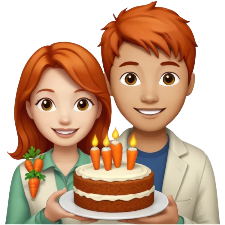 Redhead girl and Asian guy with carrot cake emoji