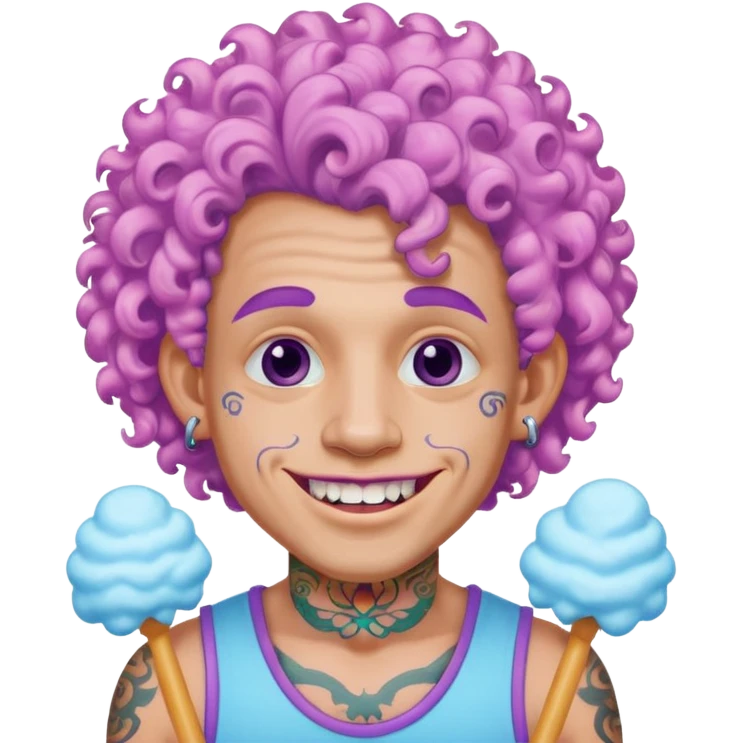 very cheerful colorful puffy violet curly haired man made out of cotton candy wearing teeth-braces and tattoos and face tattoos just face  emoji