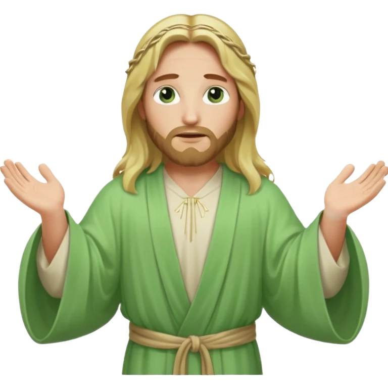 Jesus, green eyes, long blonde hair, light green wide, flowing outer robe. opening arms, gazing thoughtfully. Soft light, subtle fern. Waist-up, profile. emoji