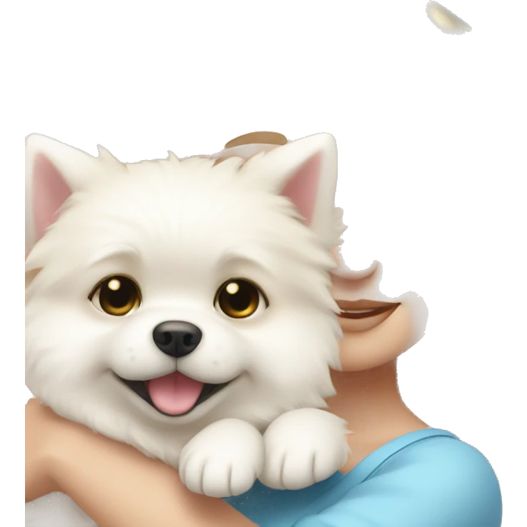 Blond girl white skin blue eyes hugging white Pomeranian with light pink bow emoji