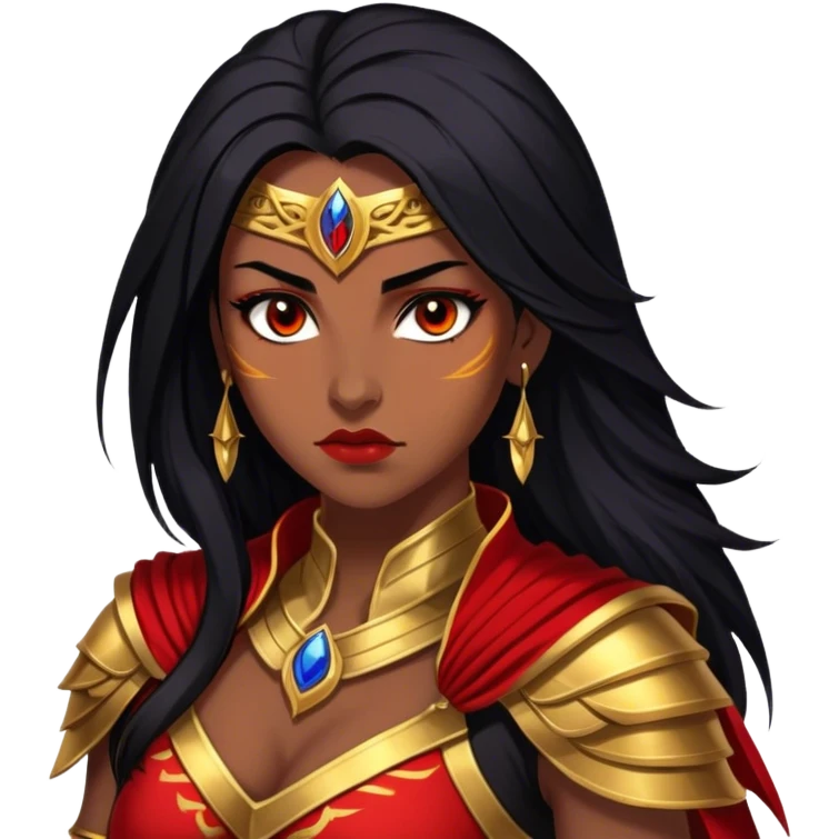 Cinematic Stunning Mulan Portrait Emoji, Fierce yet graceful, flowing raven-black hair, piercing brown eyes filled with determination, adorned in regal red and gold warrior attire, glowing with the strength and beauty of a true heroine, an elegant warrior in her prime! emoji