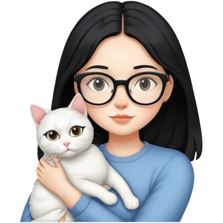 a girl with black mid length hair, clear specs and a white cat in her arms emoji