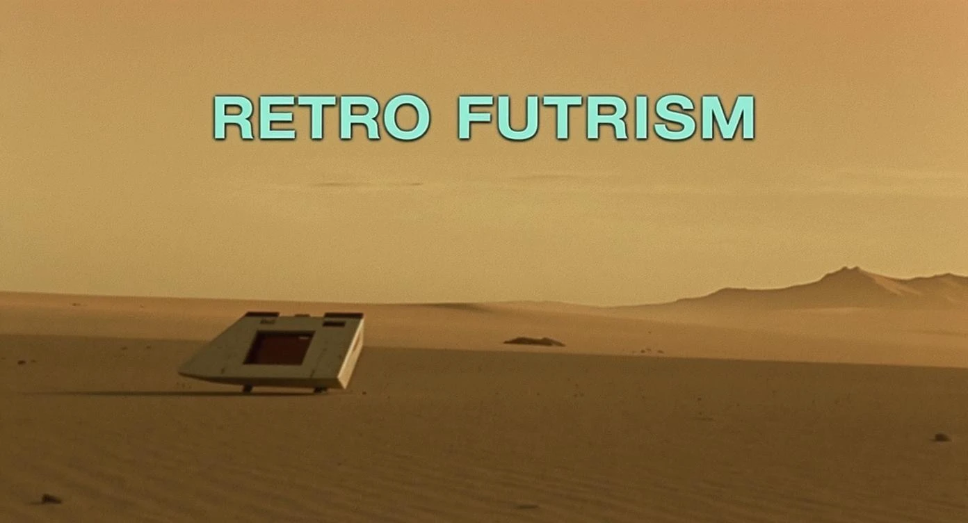Cinematic still from 1990s Retro Space movie, film called Retro Futurism, Establishing scane showing desert with single small abandon futuristic bulding, big landscape in background showing loneliness emoji