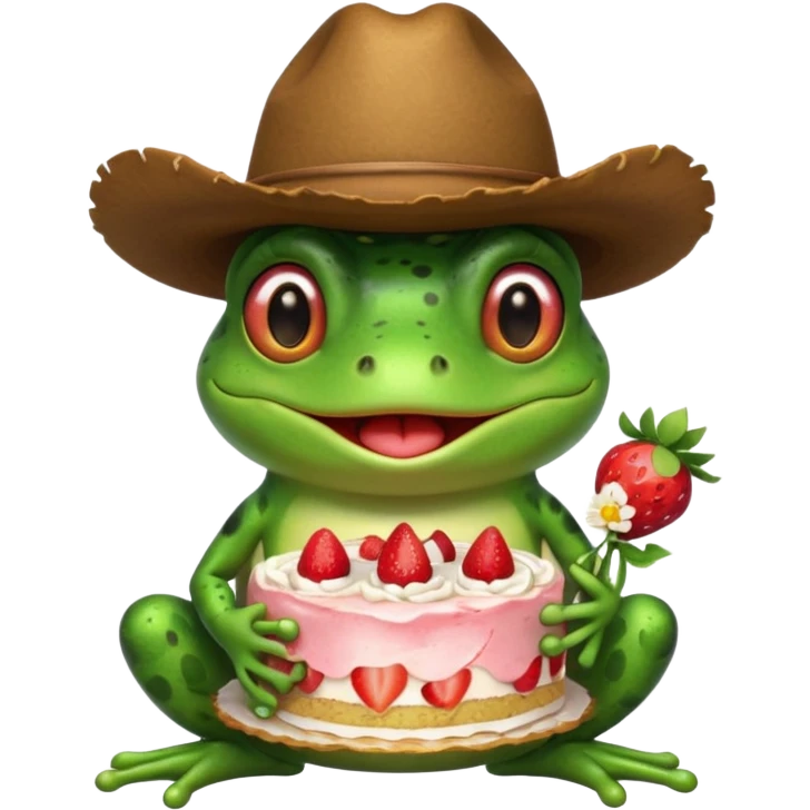 Frog with a cowboy hat on and he’s blushing and holding a strawberry cake emoji