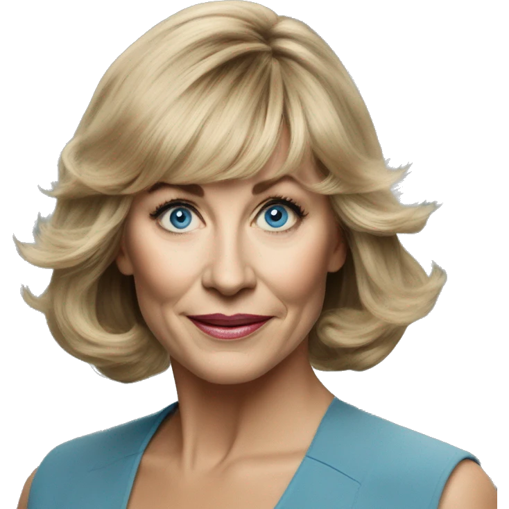 Medium length Dirty blonde voluminous hair with bangs all across forehead and sides swept away from face woman of 60 with blue eyes  emoji