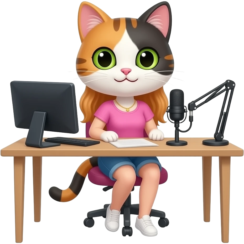 sincere long-haired calico cat podcaster at desk female clothes emoji