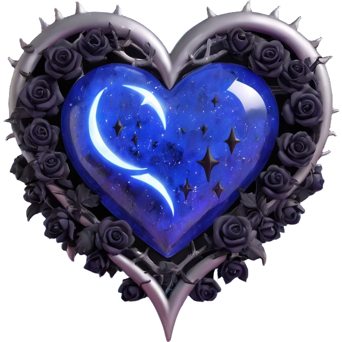 gothic heart made of midnight blue glass with silver crescent moon, tiny black roses, shimmering stardust, lightning bolt effect, rain-soaked look, cracked glass texture emoji