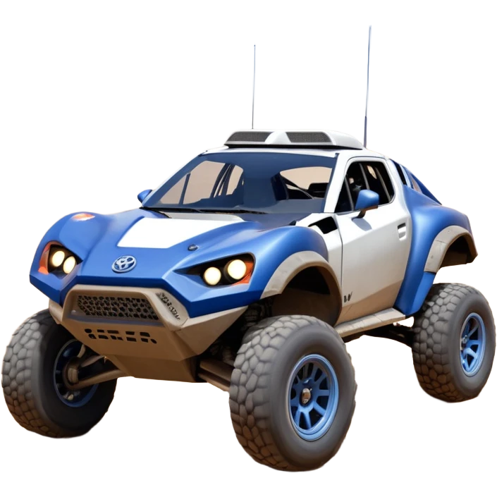 Mandalorian storm trooper evil darkly night blue Dirty and dented Local Motors Rally Fighter off road race car hot rod meets 2013 Toyota 86 trophy truck-style basher flying on a dusty road (silver wheels) emoji