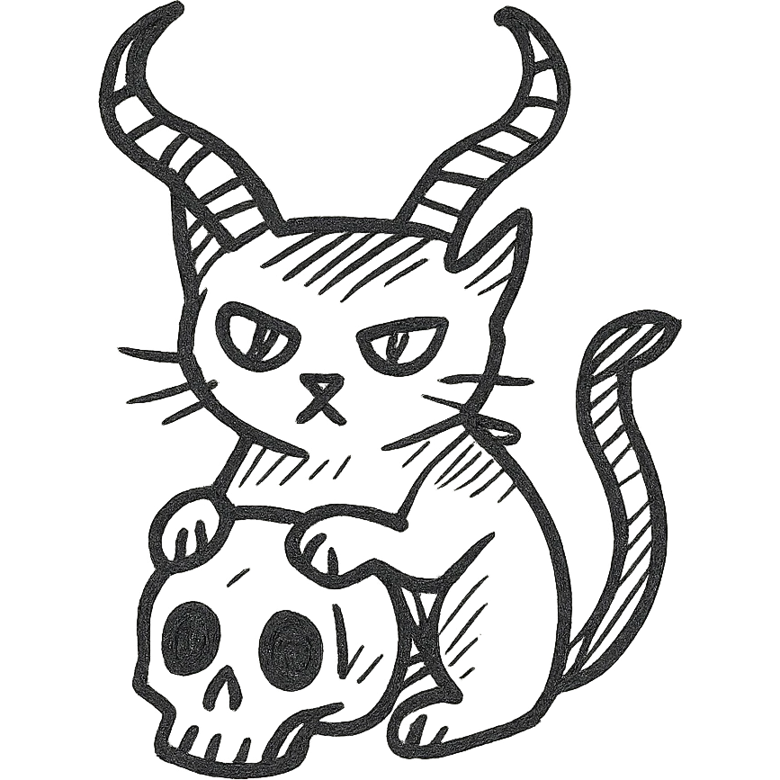 black cat with large, twisted demon horns, front paws on a human skull, hand drawn style, dynamic outlines, no fill emoji