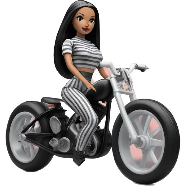 Jeffery New York Lingerie Barbie white Wednesday Addams from academy in vertically-striped gray and black outfit. Leaning back, riding a wheelie on a hot rod bike emoji