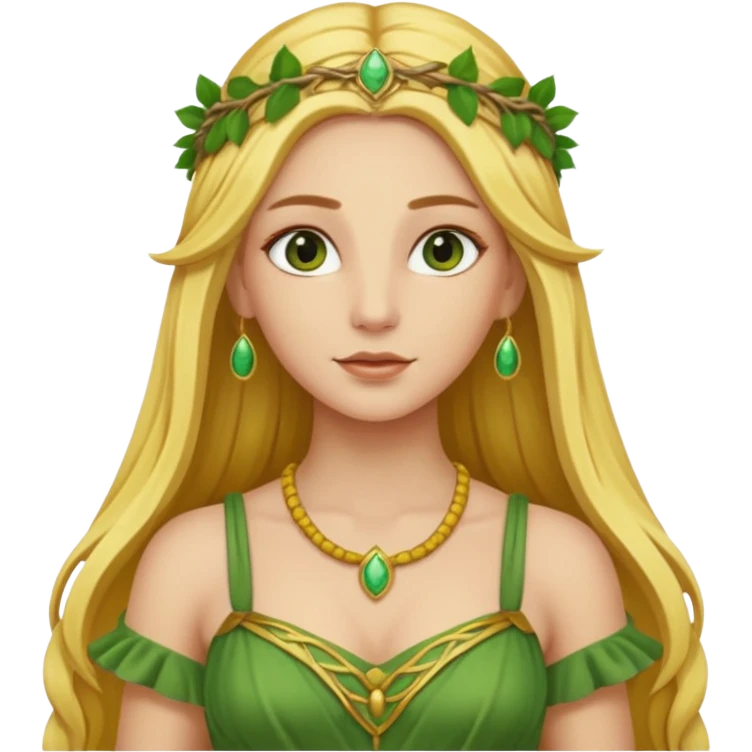 Ceres, Harvest Goddess from Rome Mythology with long golden blonde hair, green and yellow outfit, emoji