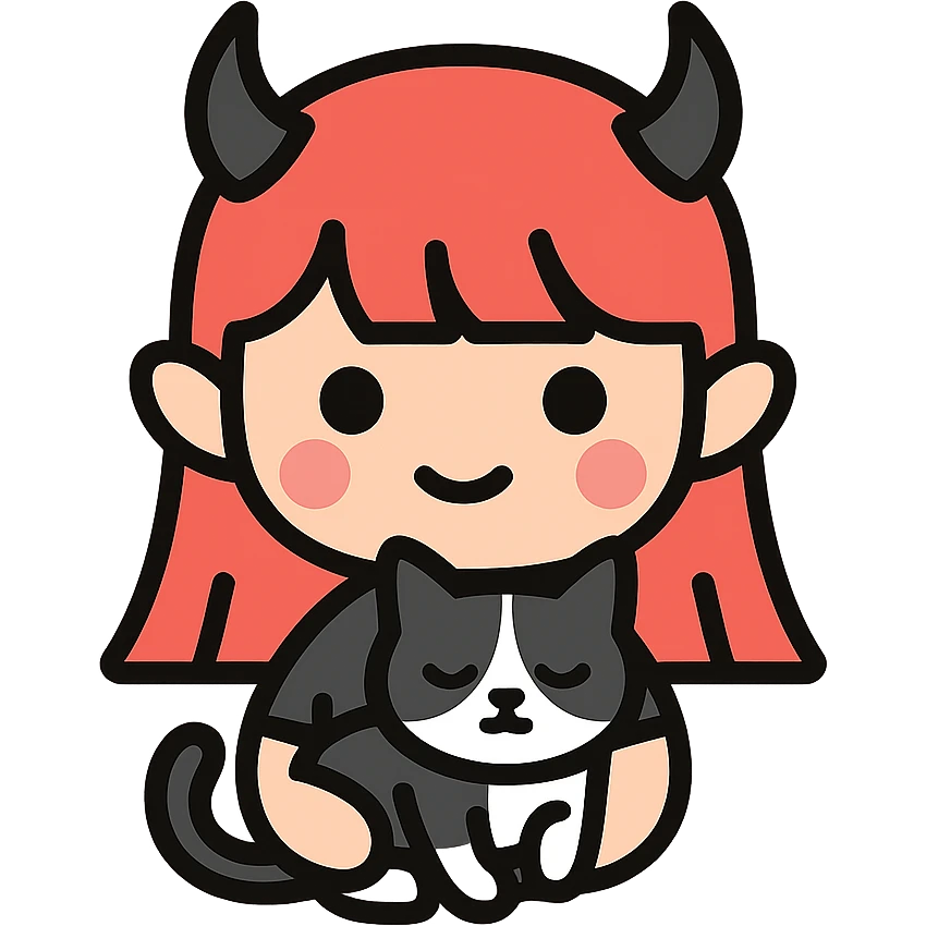 A chibi version of a character with red hair, horns, and a black and white cat, in a color outline style. emoji