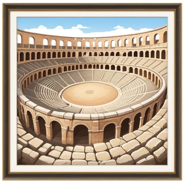 Cinematic Realistic Pula Arena Landmark Emoji, showcasing the ancient Roman amphitheater rendered with detailed weathered stone textures and dramatic lighting. emoji