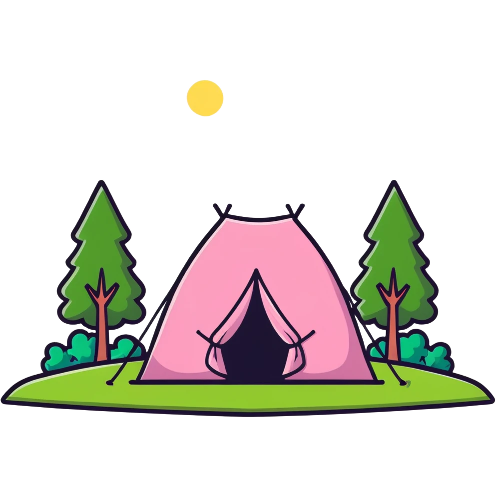 cute pink tent set up in a grassy meadow with trees emoji